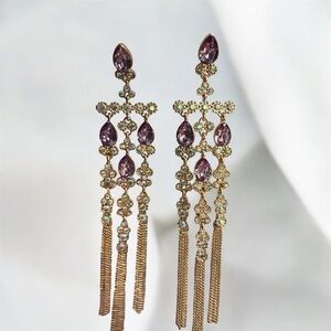 Vintage Chandelier Shoulder Earrings – Gold Tone with Purple Glass Crystal Beads